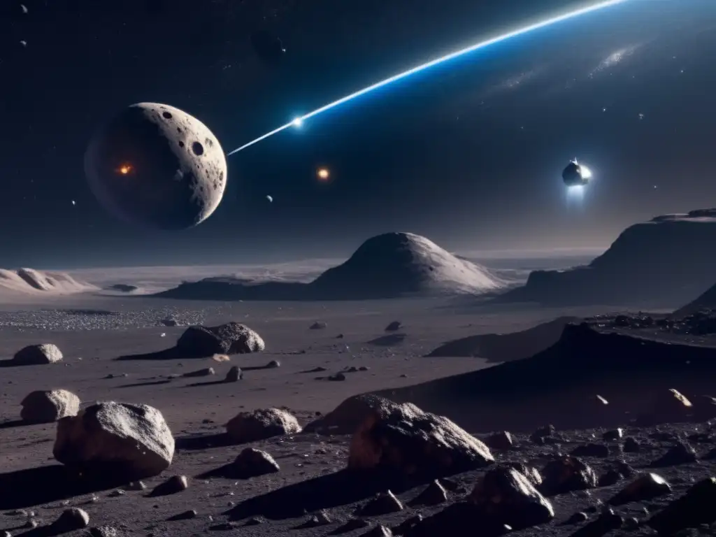 Exploración del cinturón de asteroides: nave futurista, asteroides detallados, tripulación realizando investigación y recolectando muestras