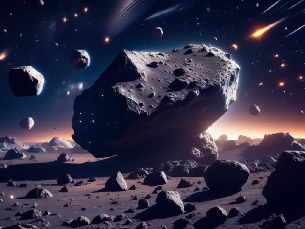 Exploración comercial de asteroides en un impresionante campo de asteroides en el espacio profundo, con innumerables asteroides de diferentes formas y tamaños flotando en la oscuridad