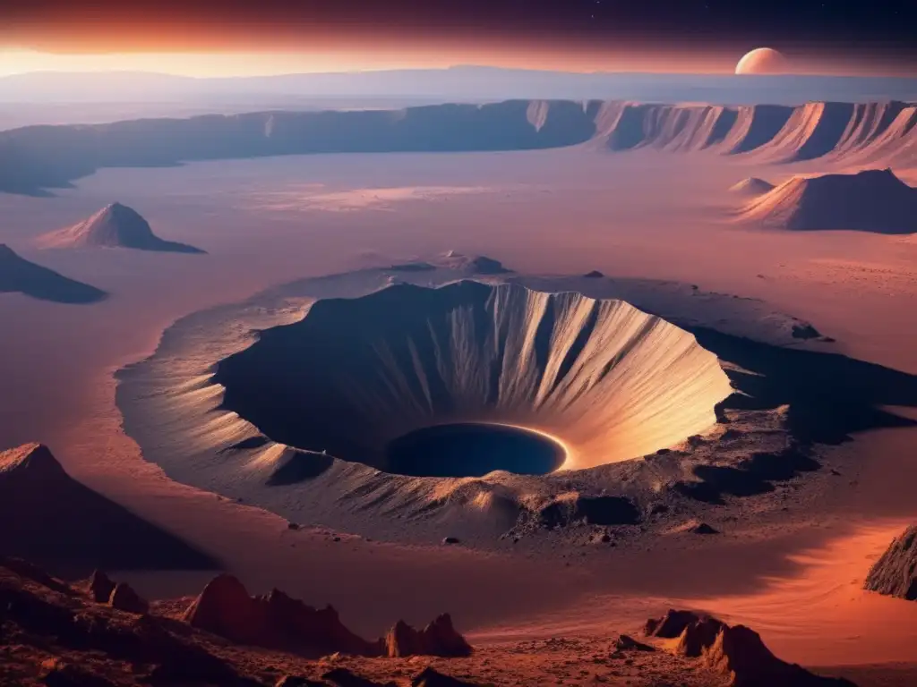 Impresionante cráter de impacto en planeta distante Exploración de cráteres de impacto en un mundo alienígena