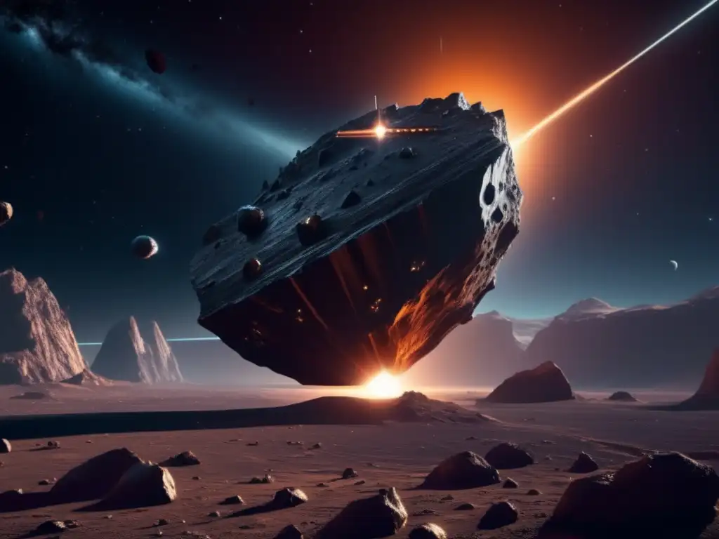 Exploración efectiva de asteroides: estrategias y recursos en imagen de nave espacial futurista y asteroide gigante