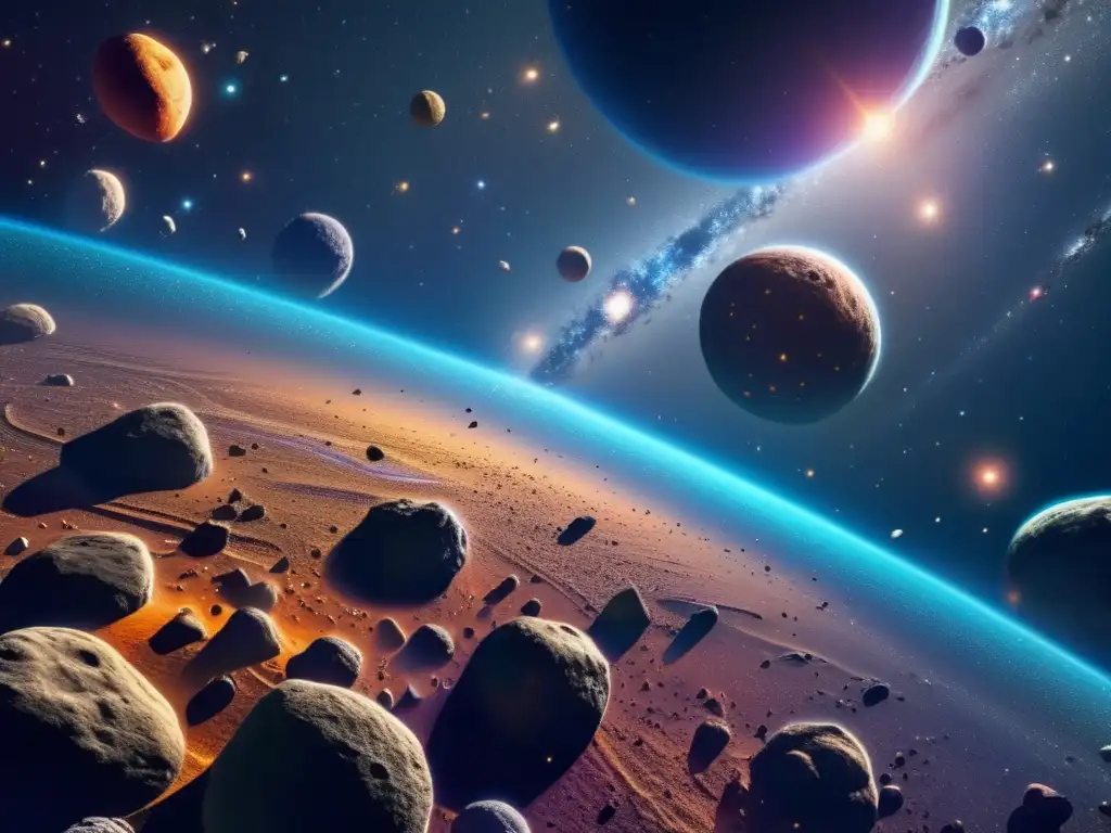 Exploración efectiva de asteroides: vasto espacio con asteroides de colores vivos y texturas únicas, junto a una nave espacial moderna