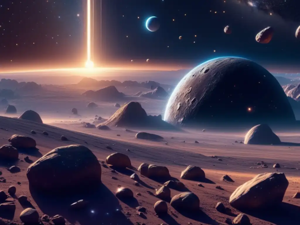 Exploración espacial: Asteroide y IA en paisaje cósmico impresionante