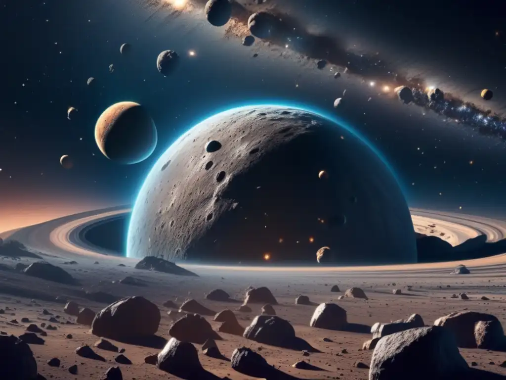 Exploración espacial con asteroides: Asombrosa imagen 8k detallada de un cinturón de asteroides, revelando su belleza y complejidad celestial