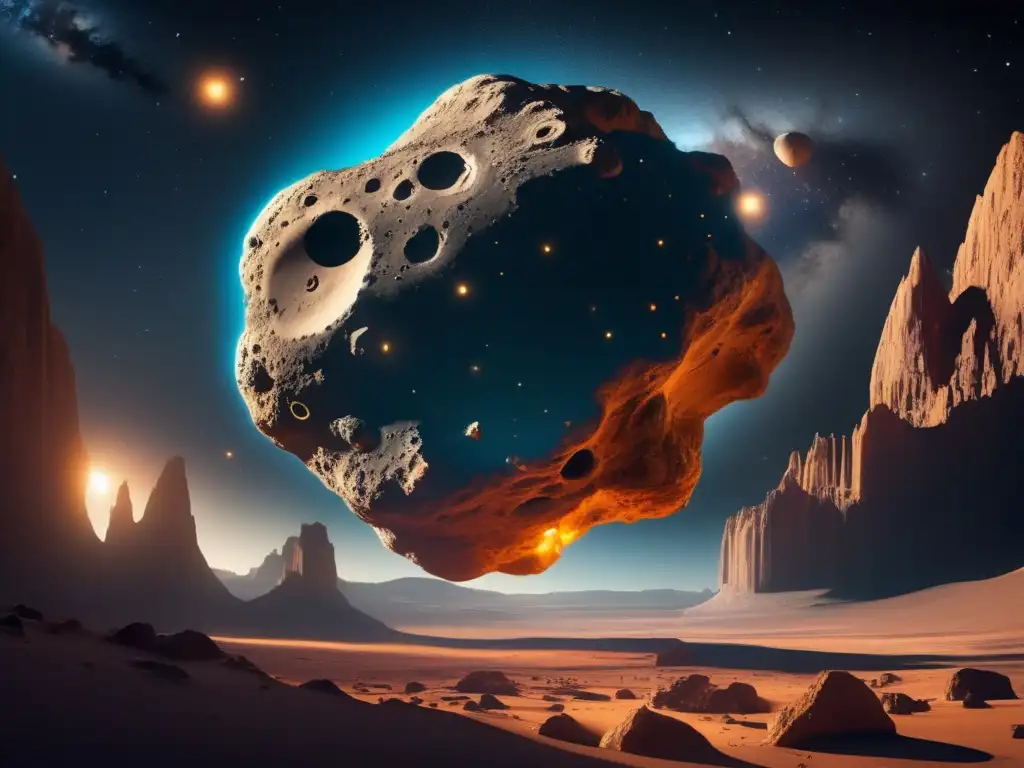 Exploración espacial con asteroides: asombrosa imagen de un asteroide hueco flotando en el espacio, iluminado por una misteriosa luz y con arquitectura futurista