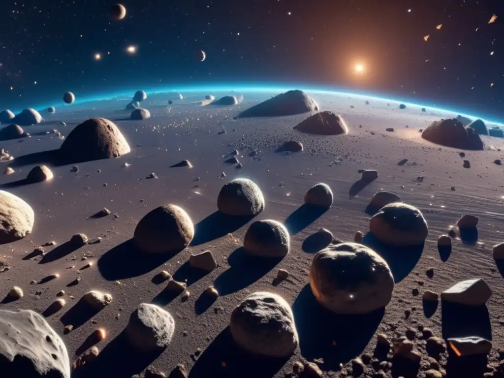 Exploración espacial con asteroides: Cautivante imagen 8k de un vasto cinturón de asteroides, con detalles ultradetallados y una ambientación etérea