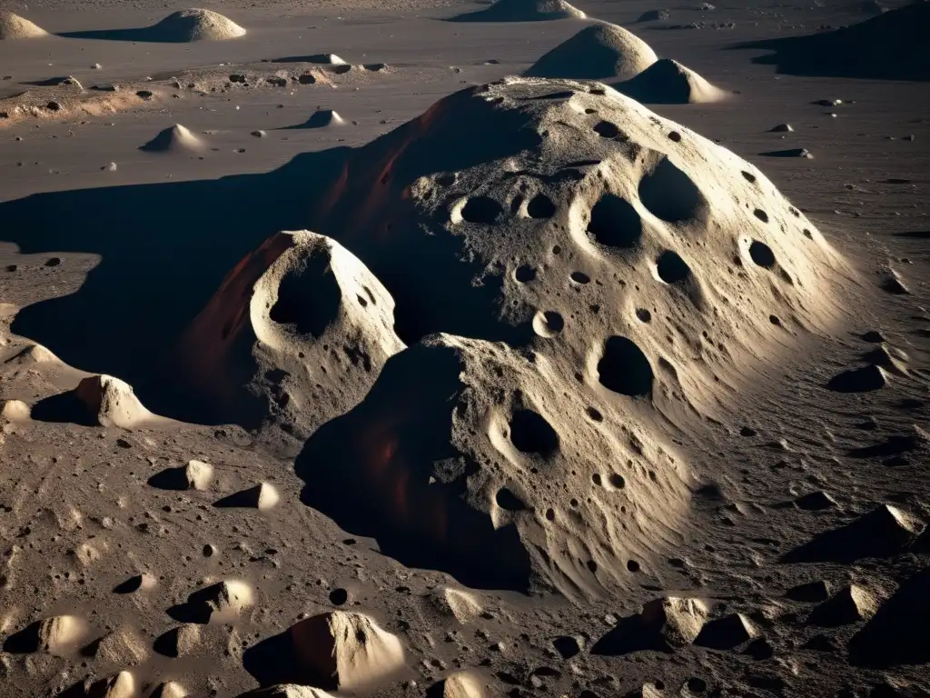Exploración espacial con asteroides: Detalle impresionante de la superficie de un asteroide, con textura rocosa y formaciones geológicas únicas