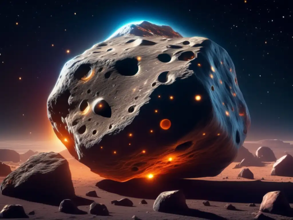 Exploración espacial de asteroides: Detalle asombroso de un asteroide en el espacio, con cráteres, rocas y brillo estelar