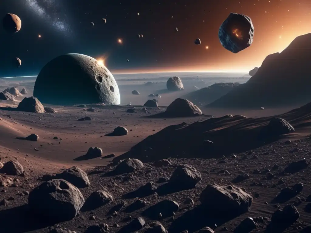 Exploración espacial asteroides - Imagen 8k detallada del campo de asteroides en el espacio, con texturas, cráteres y colores únicos