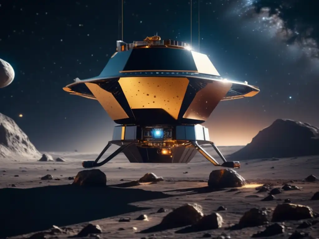 Exploración espacial asteroides IA: Sonda futurista en asteroide metálico