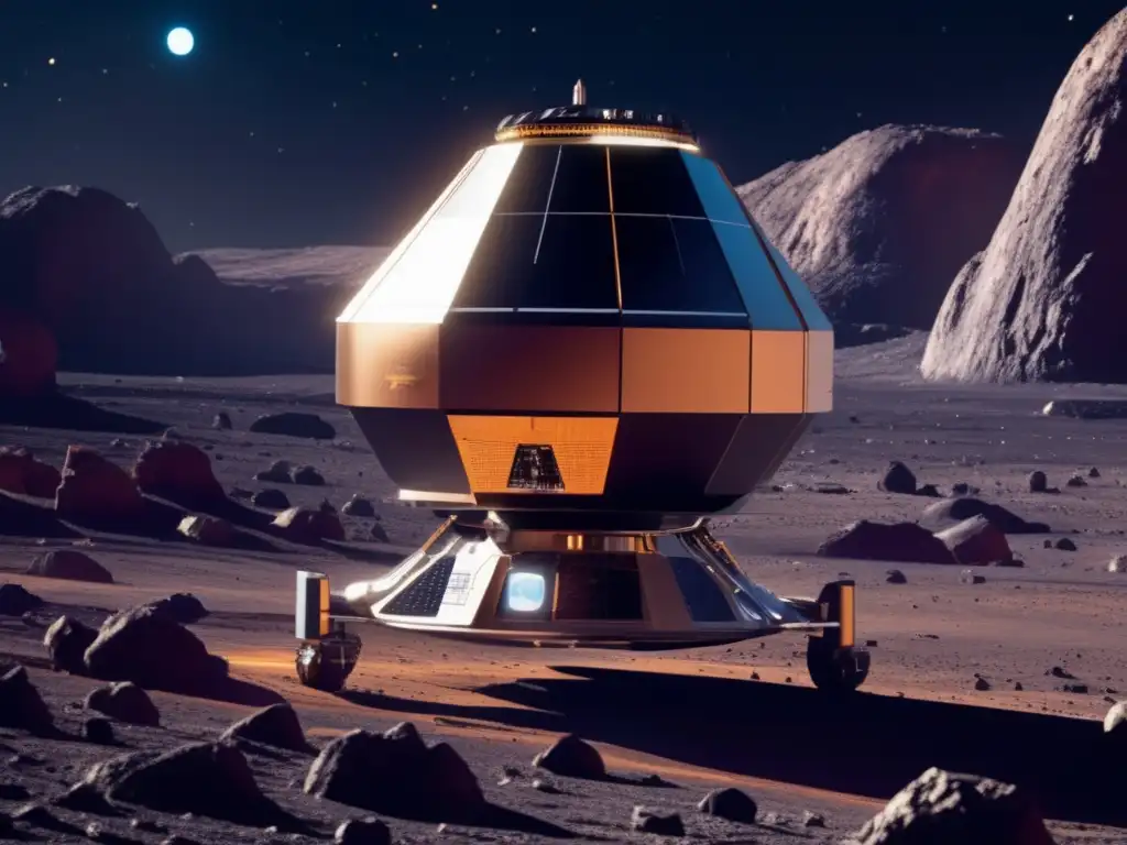 Exploración espacial con asteroides: Sonda futurista en asteroide, tecnología avanzada, diseño elegante, minerales brillantes, espacio infinito
