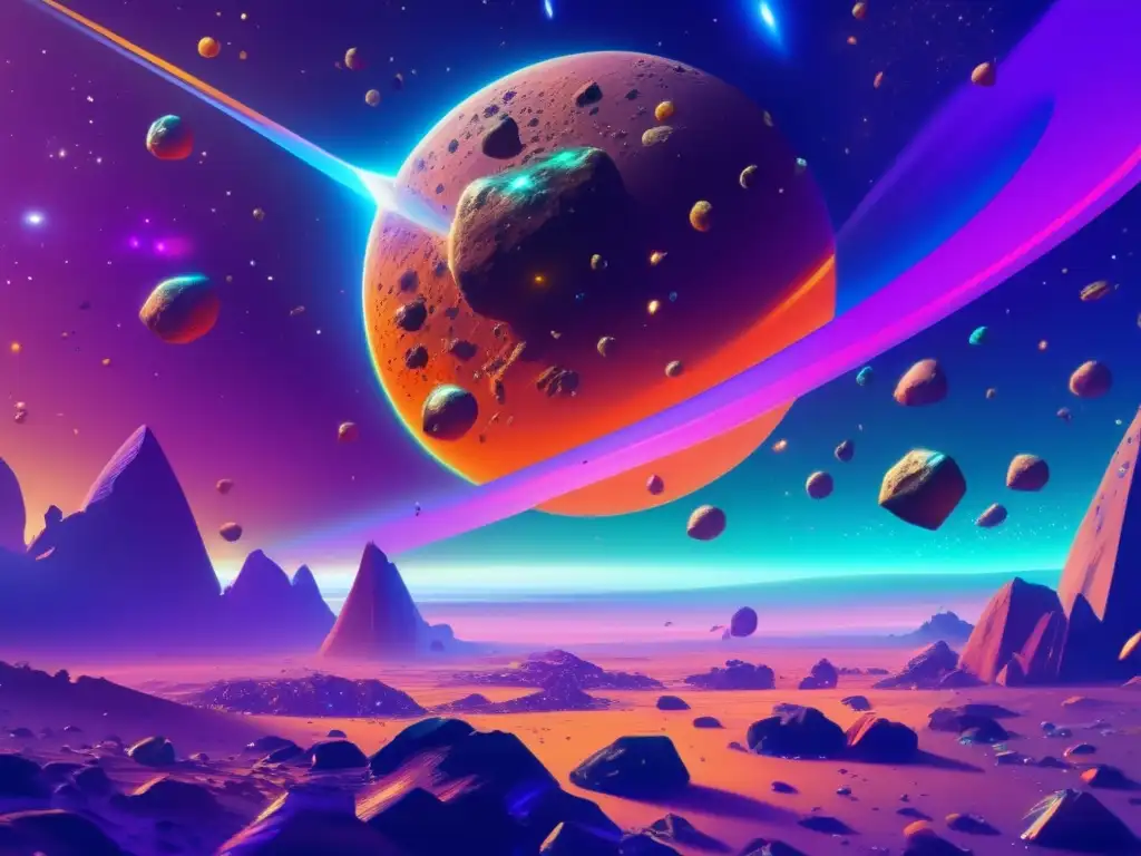 Exploración espacial: Cambio trayectoria asteroides, arte digital asombroso que muestra vasto espacio lleno de asteroides con colores vibrantes