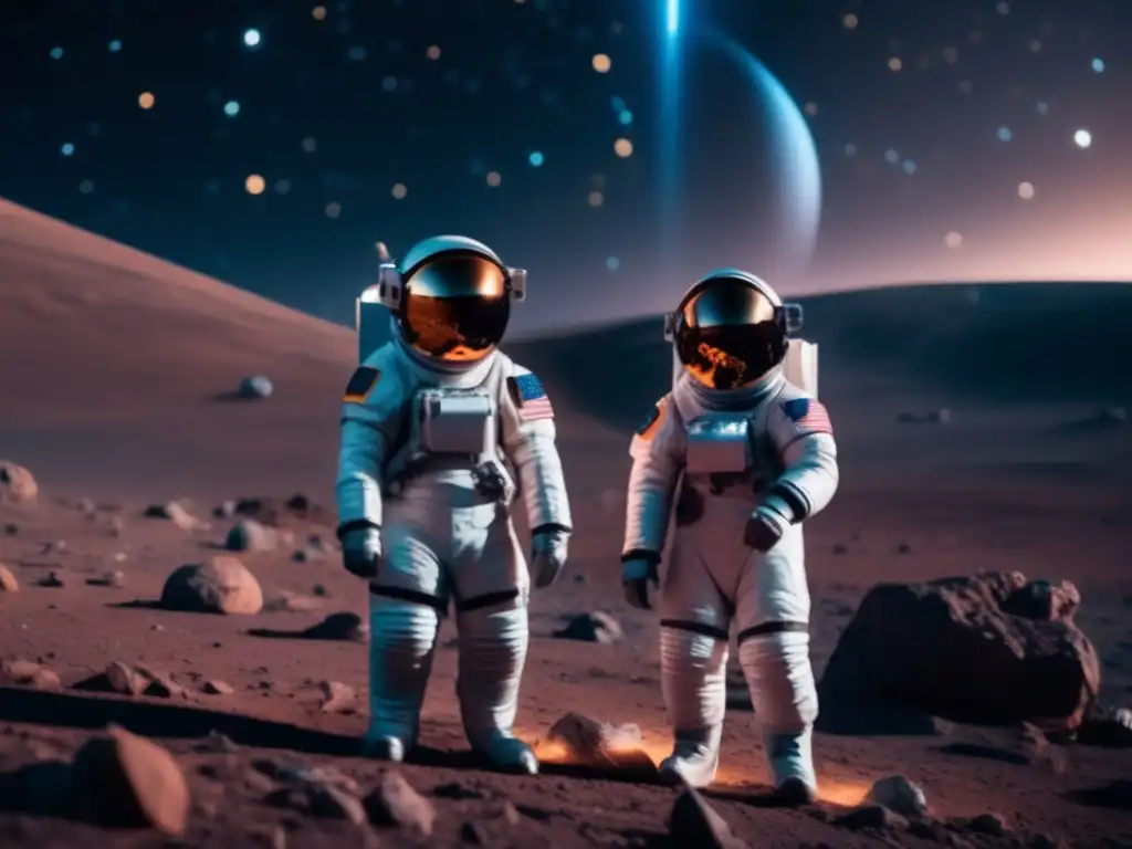 Exploración espacial con realidad aumentada en asteroide: astronautas, tecnología futurista y búsqueda de recursos