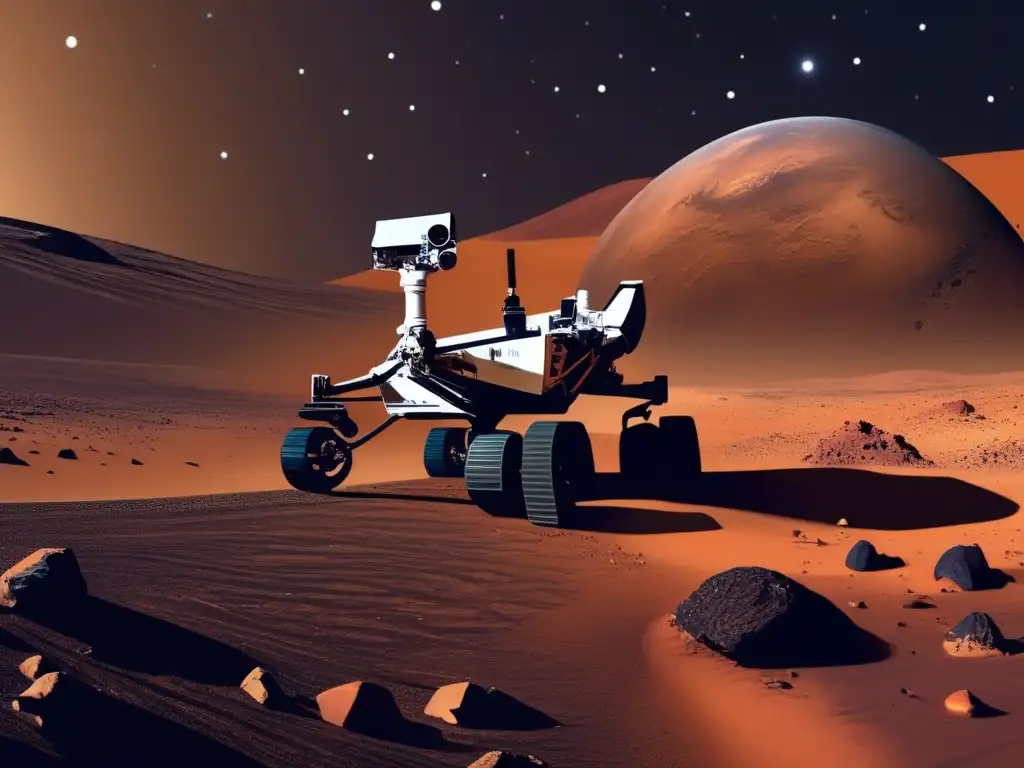 Exploración espacial con vehículos autónomos en Marte: Rover Curiosity recolectando muestras y mostrando su capacidad científica