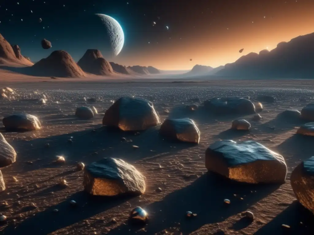 Exploración de hielo en asteroides: Imagen impactante de campo de asteroides con tecnología avanzada y agua presente