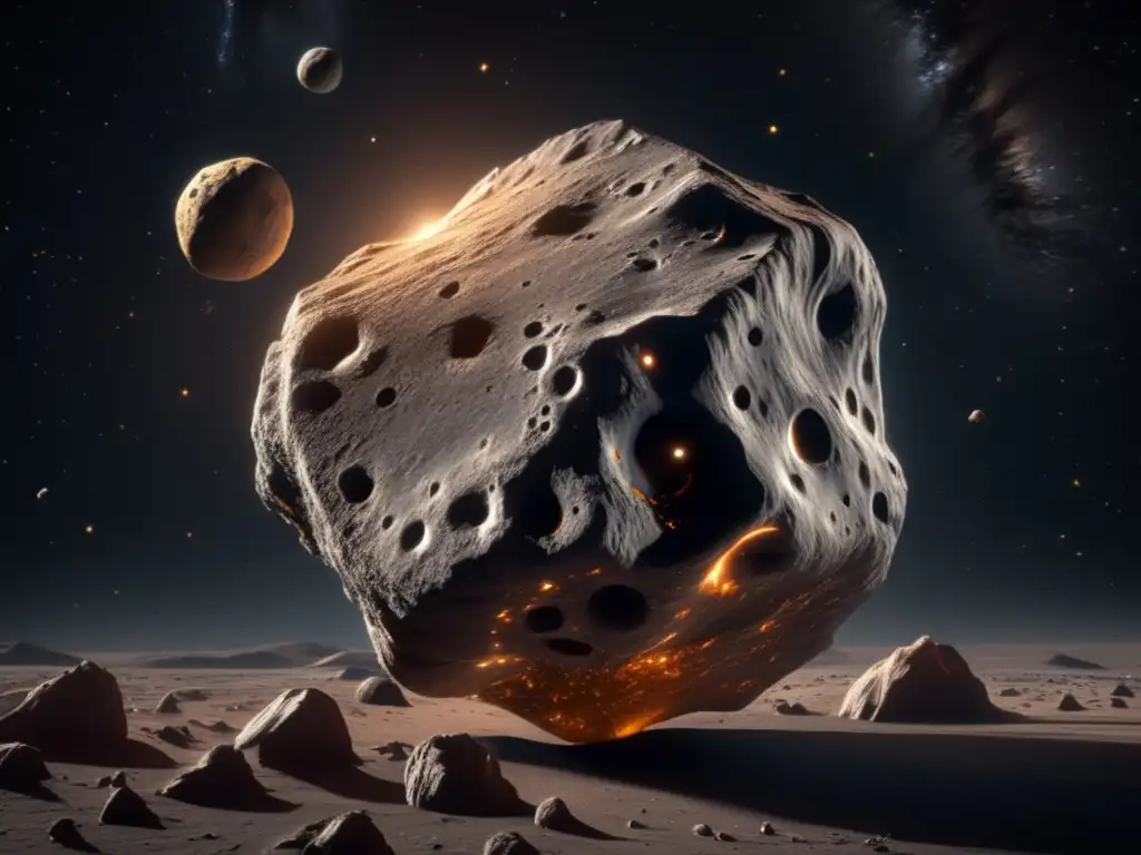 Exploración de hielo en asteroides: imagen impresionante de un asteroide en el espacio, con superficie rugosa, sombras y cristales de hielo