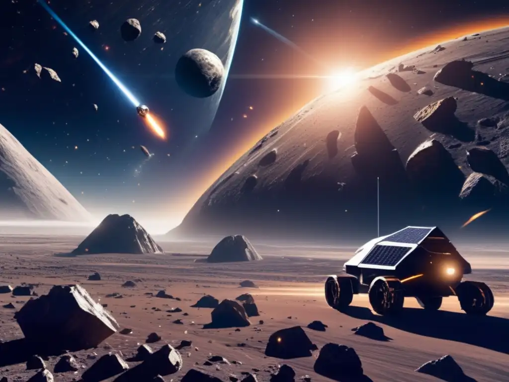 Exploración de hielo en asteroides: nave espacial futurista extrae recursos valiosos en el espacio