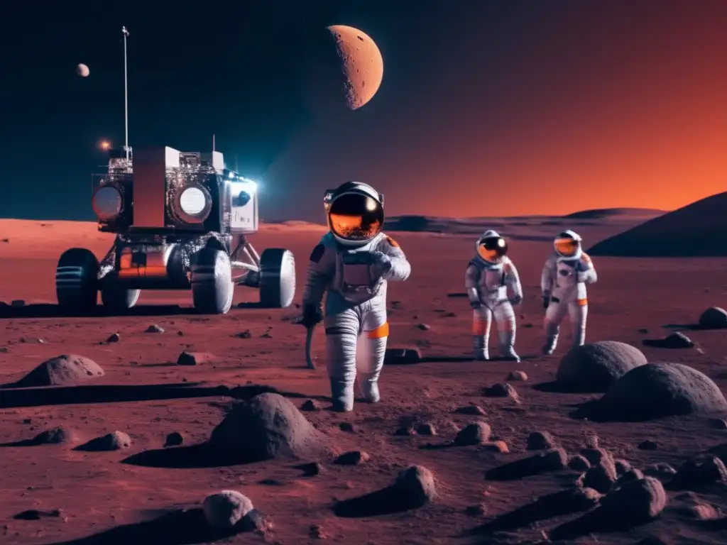 Exploración lunar: paisaje futurista con astronautas extrayendo Helium3