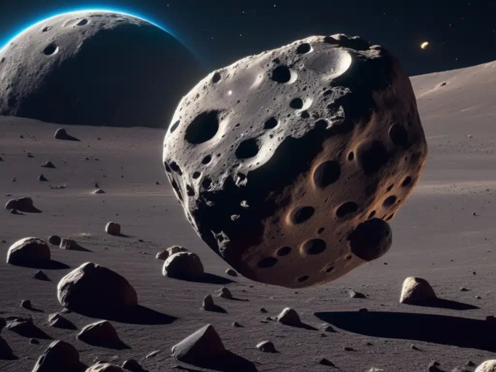 Exploración de recursos en asteroides enanos: Imagen impresionante de un asteroide de 8k, con forma irregular, cráteres y terreno rocoso, junto a una nave espacial equipada con instrumentos científicos y herramientas mineras