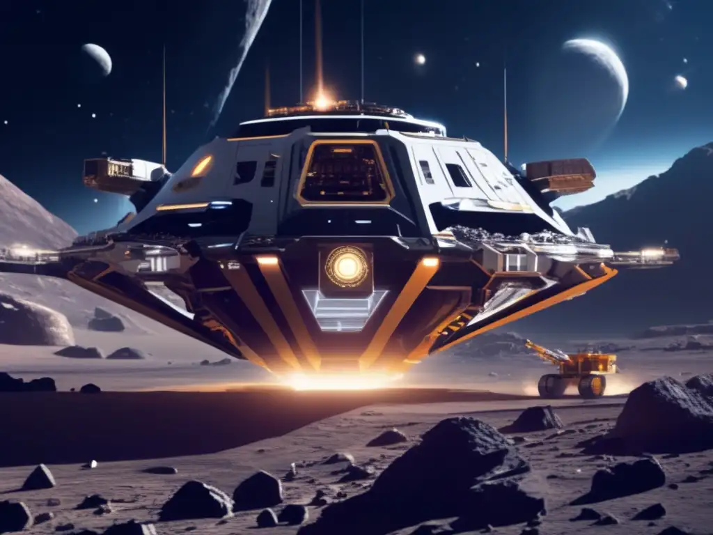 Exploración de recursos en asteroides enanos: nave espacial futurista en operación minera