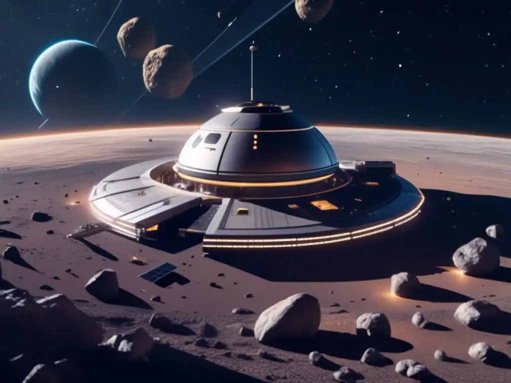 Exploración de recursos en asteroides: Estación espacial futurista y asteroides impresionantes