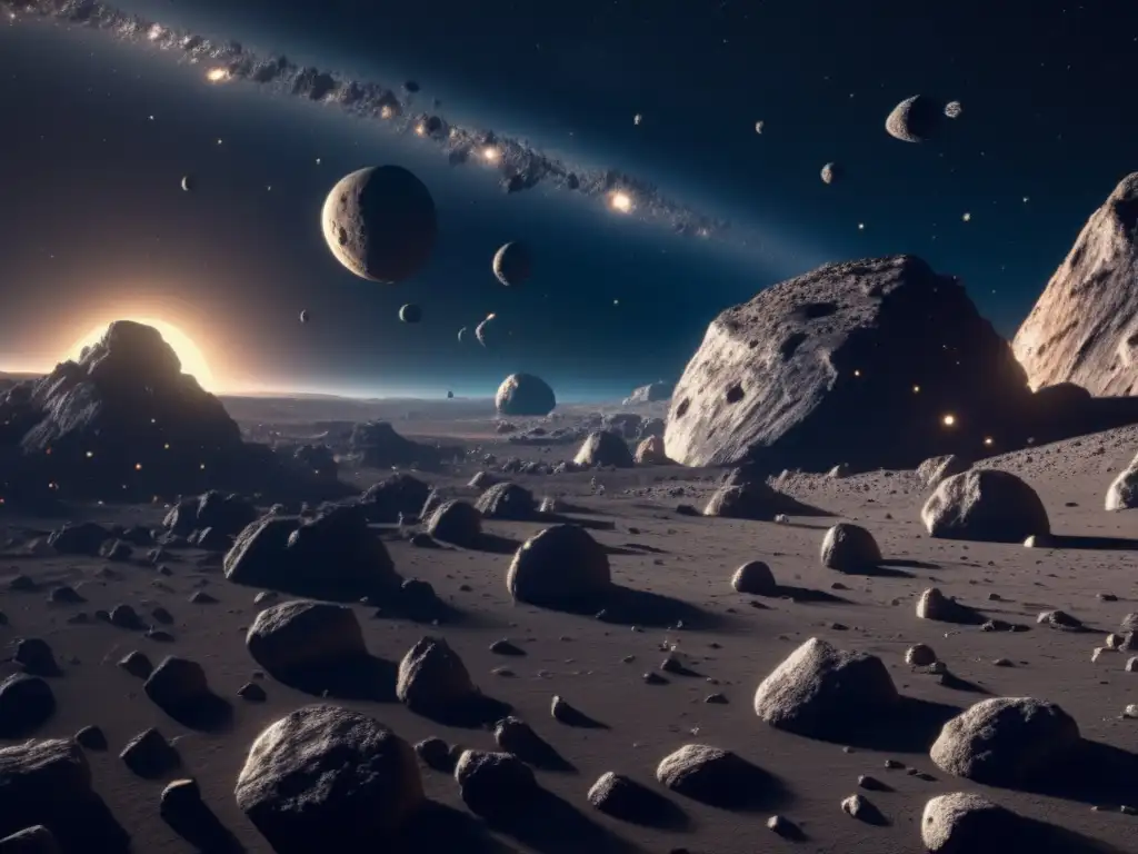 Exploración de recursos en asteroides: Imagen impactante de campo de asteroides en 8k con detalles ultradetallados, mostrando diversidad celeste