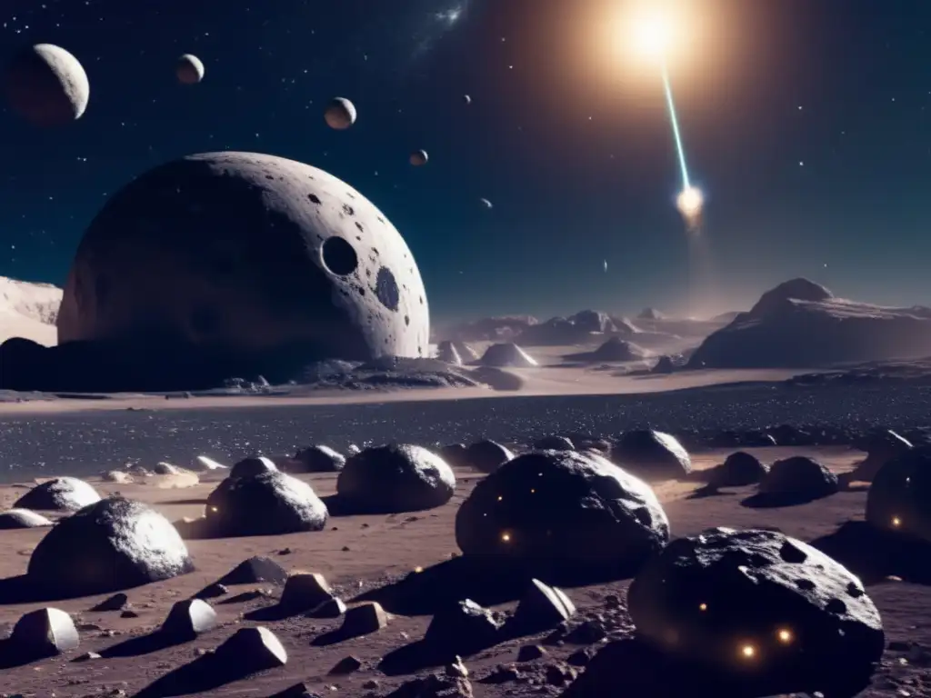 Exploración de recursos en asteroides: Operación minera espacial futurista con asteroides metálicos flotando en el espacio