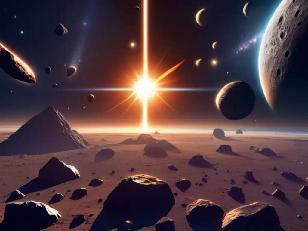 Exploración de vida en asteroides: imagen impactante de espacio con sol brillante rodeado de asteroides y los enigmáticos Centauros