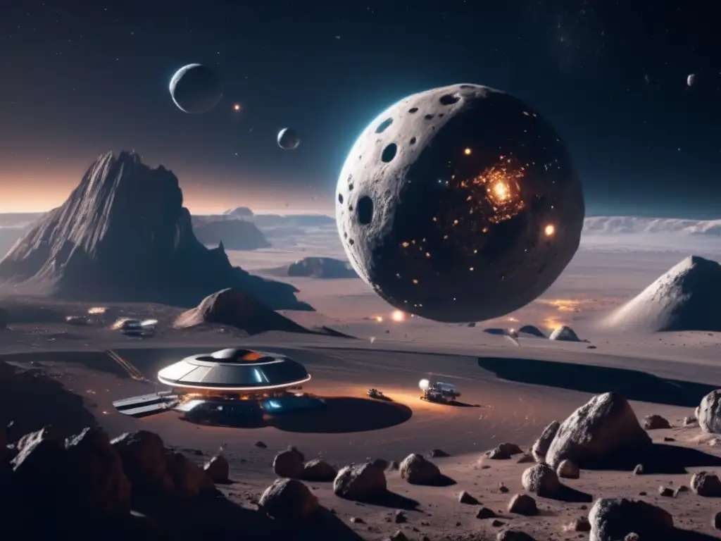 Explotación espacial de asteroides en una estación futurista orbitando un asteroide, con minas y actividad vibrante