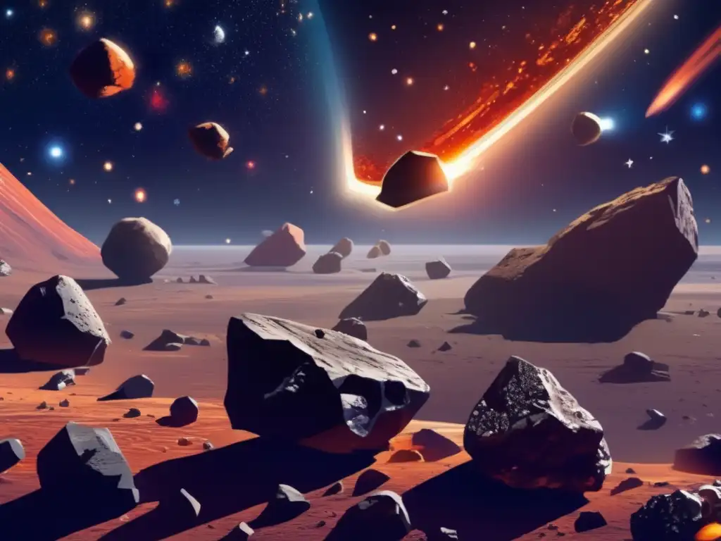 Explotación espacial de asteroides: imagen de cluster de asteroides flotando en el espacio, con detalles intrincados y colores vibrantes