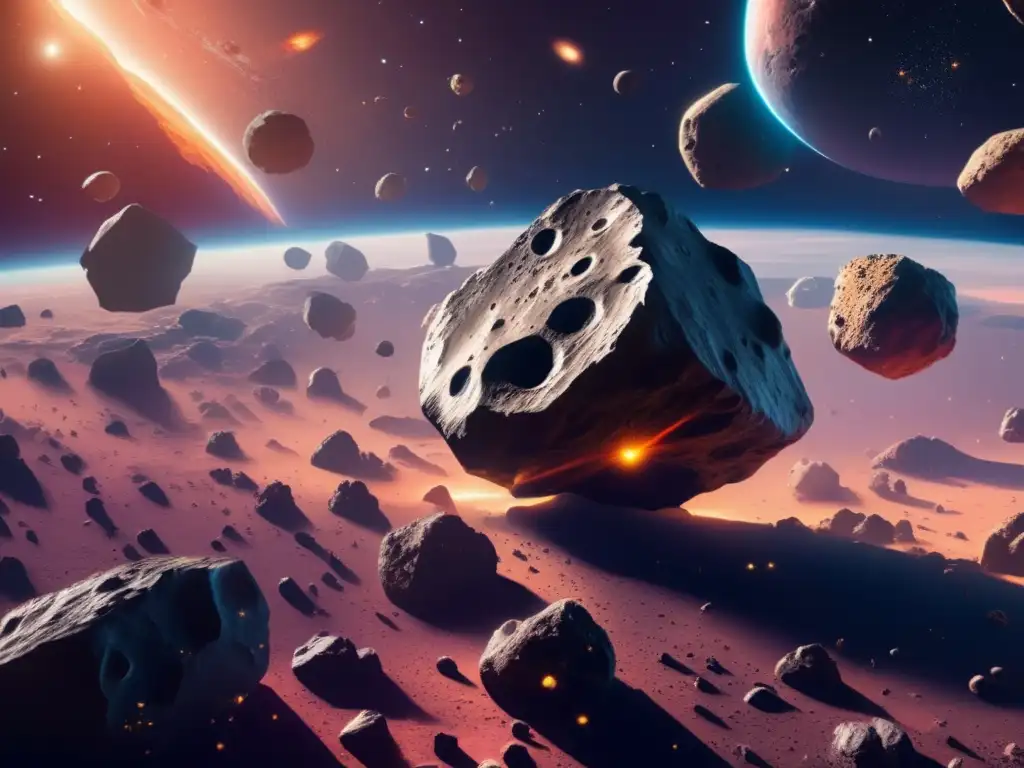 Extracción agua asteroides: campo asteroides 8k detallado, variedad tamaños, colores, formas