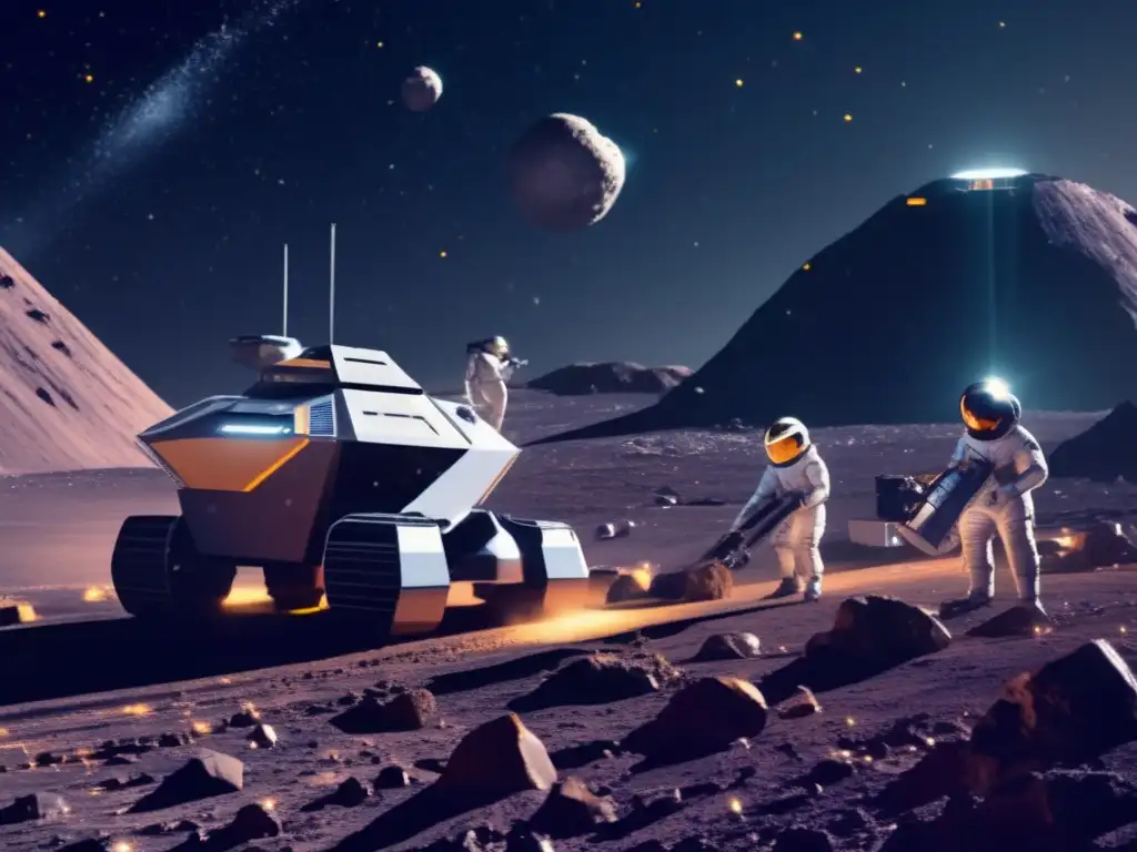 Extracción de metales de asteroides con avanzada tecnología y astronautas en trajes espaciales operando maquinaria minera