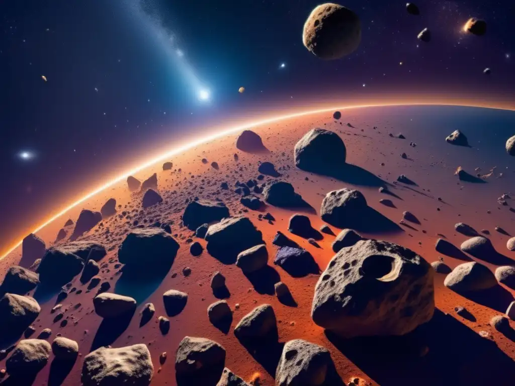 Extracción de metales estratégicos desde asteroides: Imagen detallada del espacio con asteroides de diferentes tamaños y formas, y una nave espacial futurista en primer plano