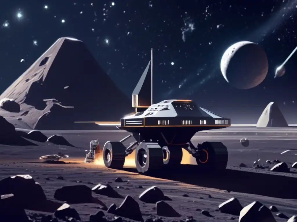 Extracción minerales en asteroides: operación futurista en el espacio con nave espacial avanzada y mineros en trajes espaciales