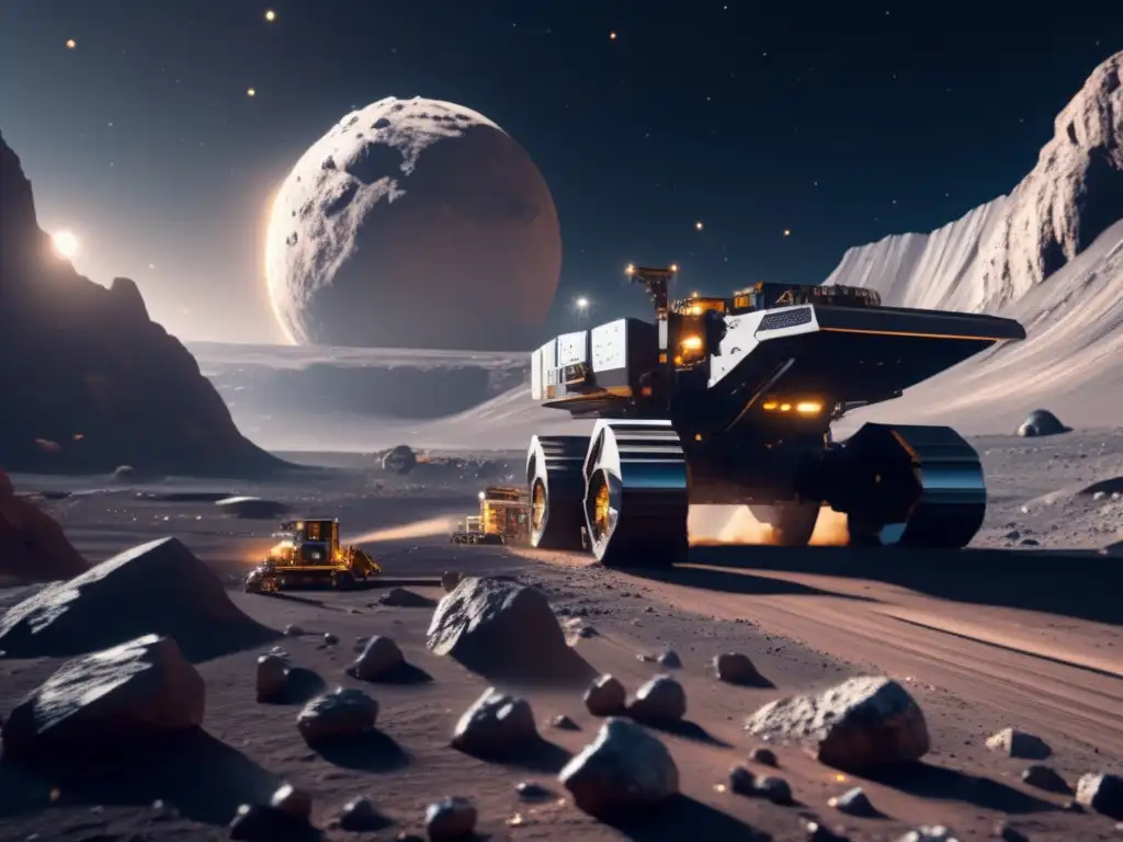 Extracción de recursos de asteroides en un impresionante paisaje espacial con mineros y maquinaria avanzada