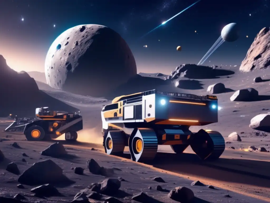 Extracción de recursos de asteroides en operación minera futurista en el espacio: robots, vehículos y nave espacial