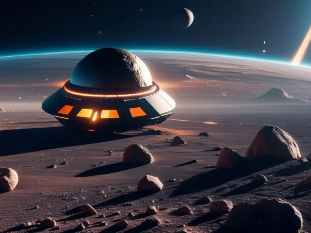 Extracción recursos asteroides: nave futurista minera avanzada, tecnología láser, eficiencia y grandiosidad espacial