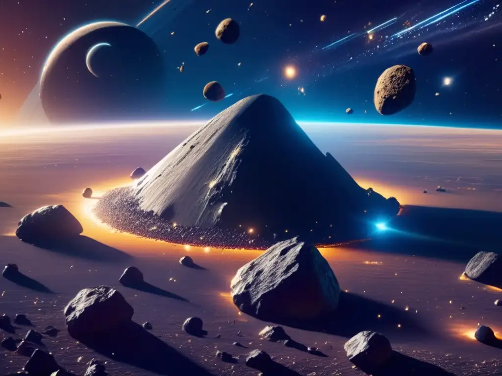 Extracción de recursos de asteroides en un paisaje espacial con minerales brillantes y una nave minera futurista