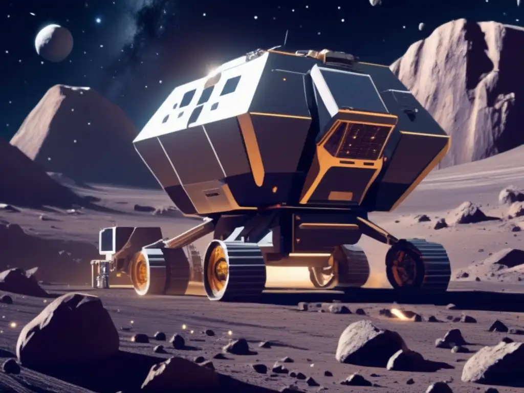 Extracción de recursos en el espacio: mina futurista en asteroide, maquinaria, robótica avanzada, industria espacial en auge