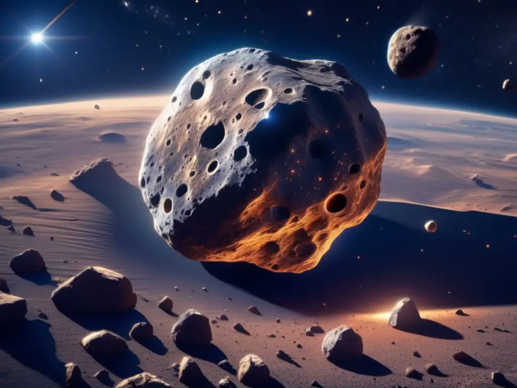 Un fascinante asteroide en 8K, con cráteres y paisajes rugosos, destaca en el espacio infinito