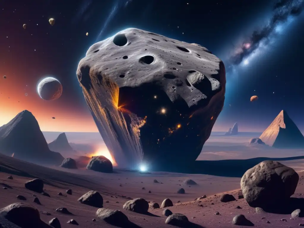 Fascinante paisaje celestial con asteroides grandes deformes y exploración avanzada