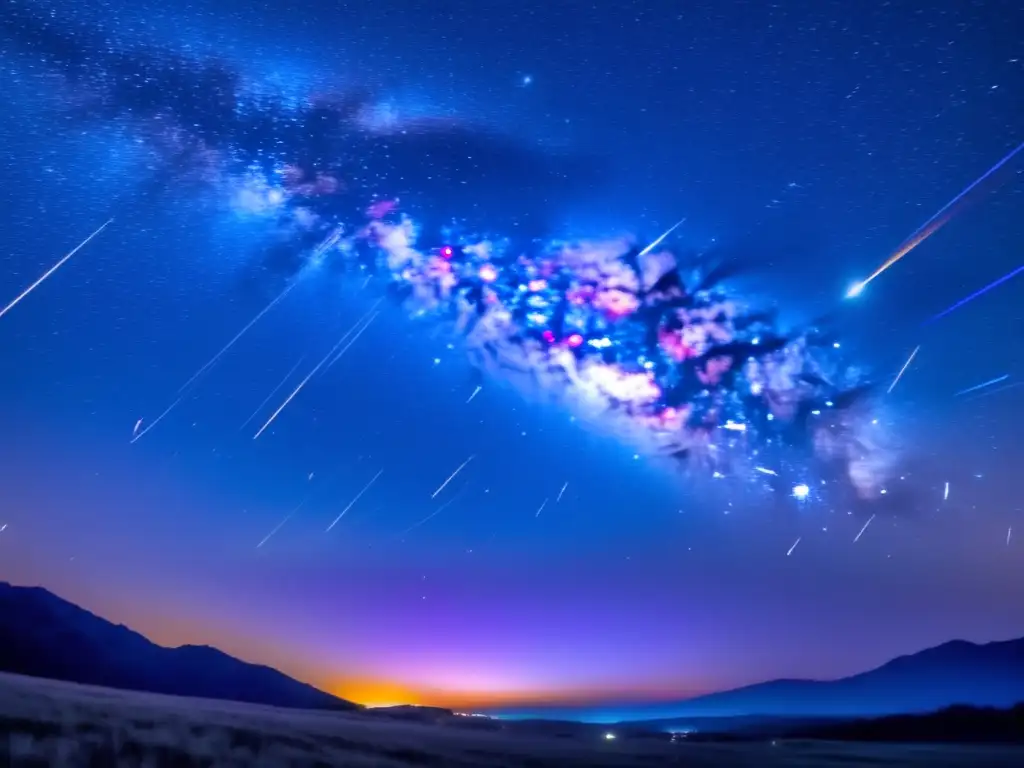 Fenómenos de meteoros luminosos en un cielo nocturno lleno de estrellas fugaces, colores vibrantes y un contraste fascinante