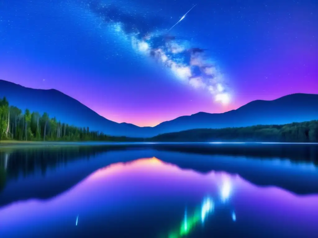 Fenómenos de meteoros luminosos en un cielo estrellado con lago sereno reflejando el espectáculo celestial
