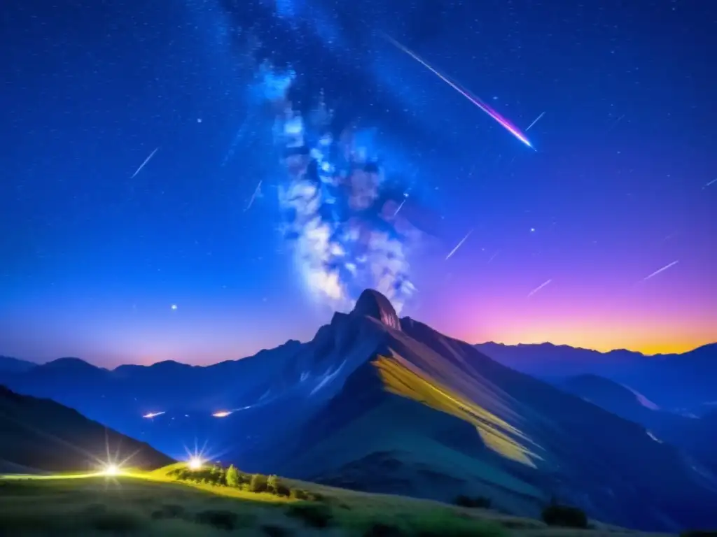 Fenómenos de meteoros luminosos en un cielo nocturno estrellado con montañas de fondo