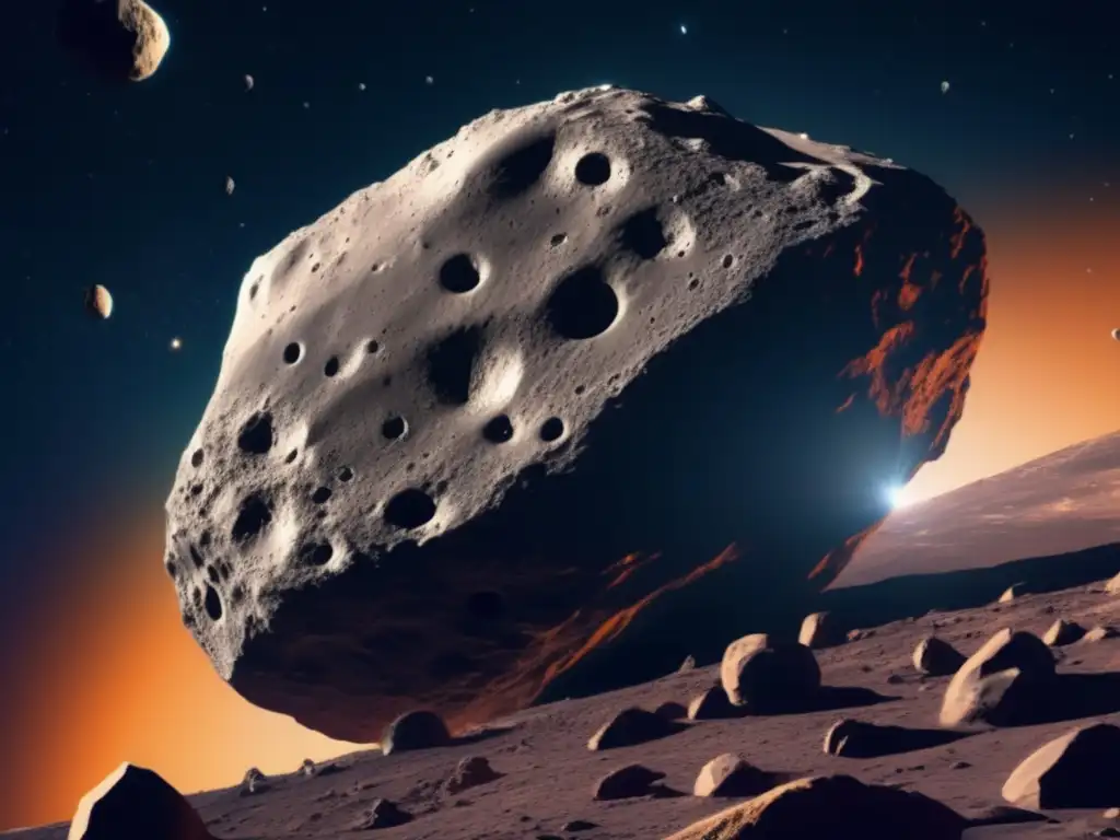 Fenómenos rotura actividad asteroides en detallada imagen 8k de asteroide irregular en espacio, con cráteres y elementos metálicos