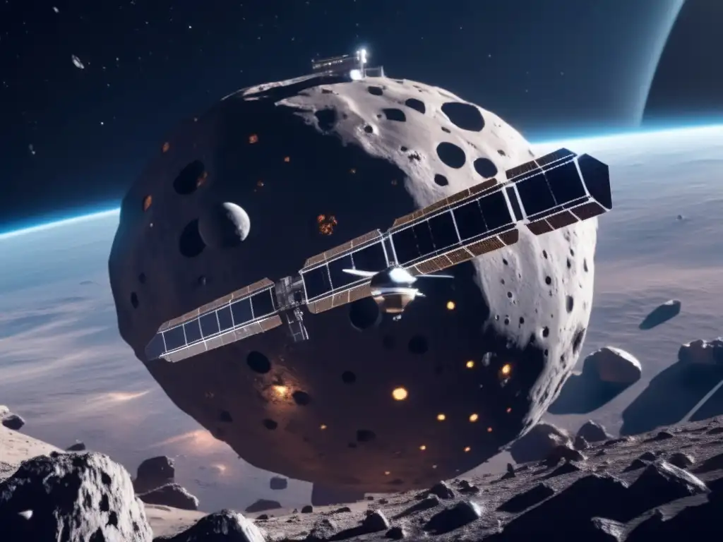 Financiamiento carrera asteroides: Estación espacial futurista orbitando asteroide, con tecnología avanzada y colaboración internacional