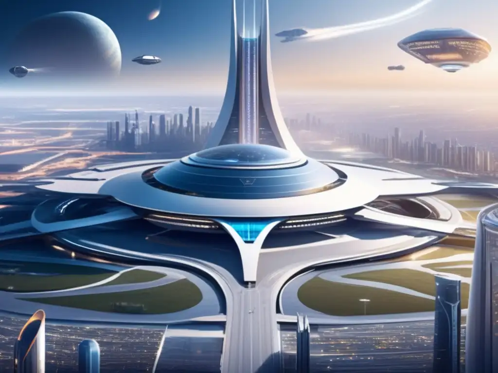 Financiamiento espacial: Futuro espacioportuario en metrópolis vibrante con arquitectura moderna, naves espaciales y proyectos holográficos