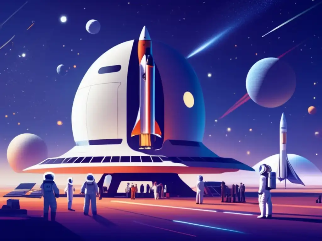 Financiamiento espacial: Imagen de un futurista espacioport con un cohete en preparación rodeado de ingenieros y tecnología avanzada