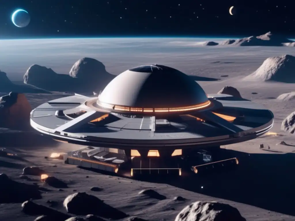 Innovación financiera asteroides: Estación espacial futurista en órbita de asteroide, con diseño moderno, paneles solares y maquinaria minera