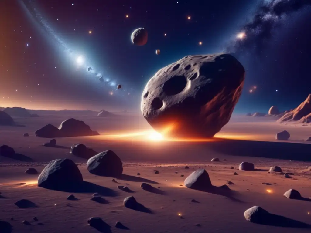 Formación de sistemas binarios asteroides: danza gravitacional, gases, polvo, colores vibrantes, distorsión espacial, detalle preciso