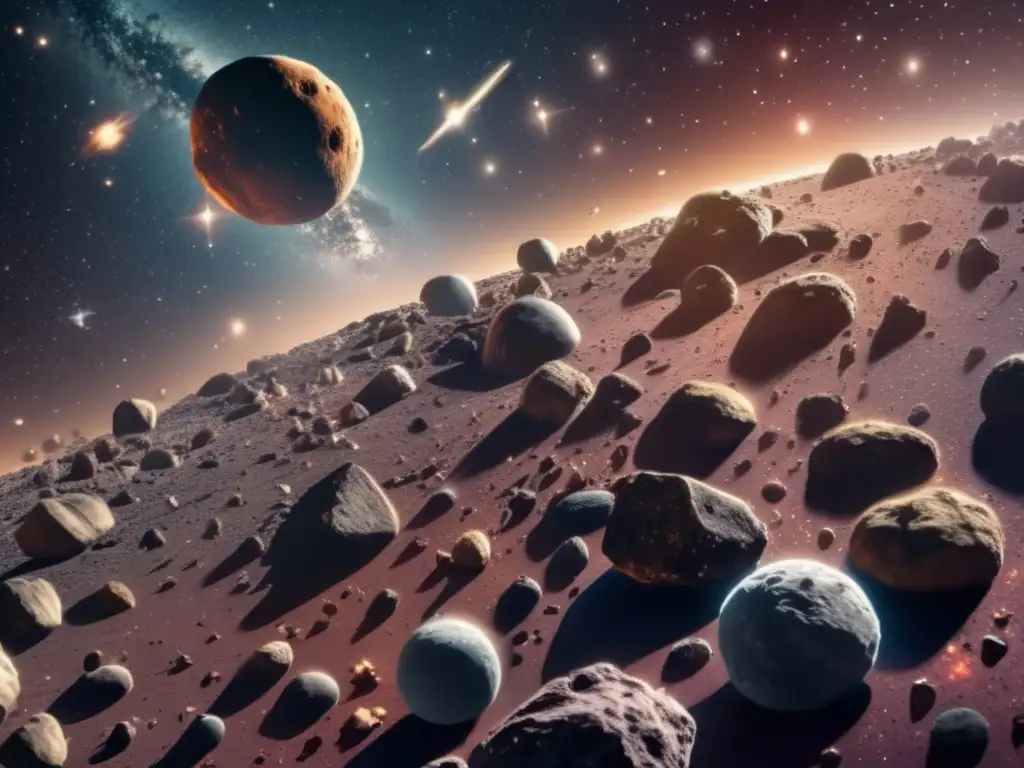 Fósiles asteroides tipo D flotando en el espacio, revelando cráteres y colores en una imagen 8k de un cinturón de asteroides
